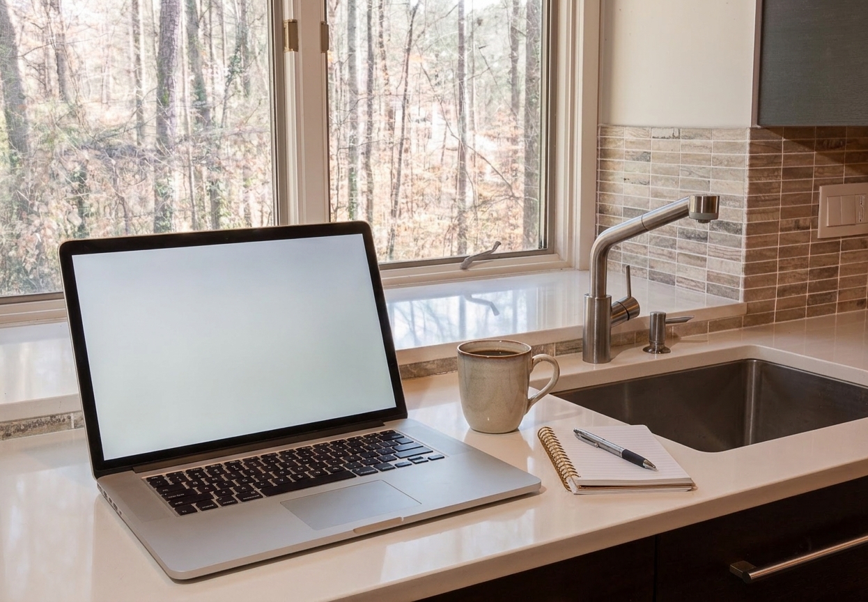 An open laptop on a warm kitchen counter beside a mug and a small notebook, with the screen left generic