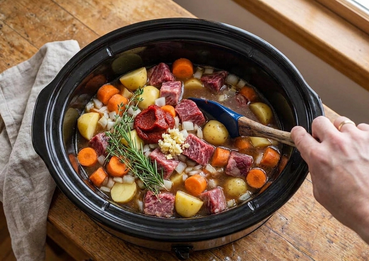 An open slow cooker crock filled with raw stew ingredients including beef, potatoes, carrots, onions, and broth