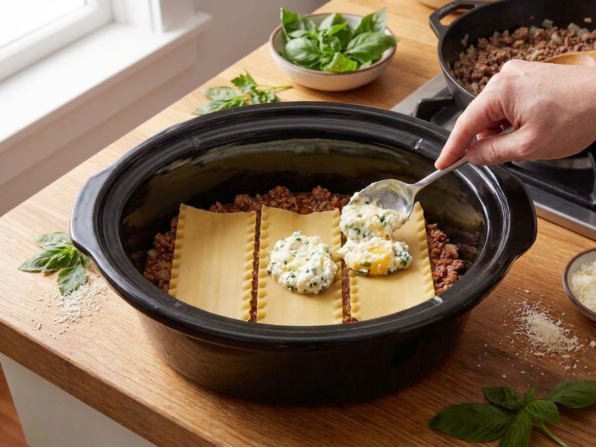 An open slow cooker insert on a kitchen counter showing layered lasagna noodles, meat sauce, and dollops of ricotta mixture