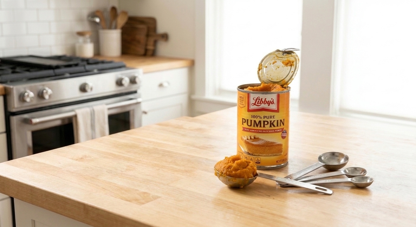 An opened can of Libby’s 100% pure pumpkin with pumpkin puree visible on a clean kitchen counter next to measuring spoons