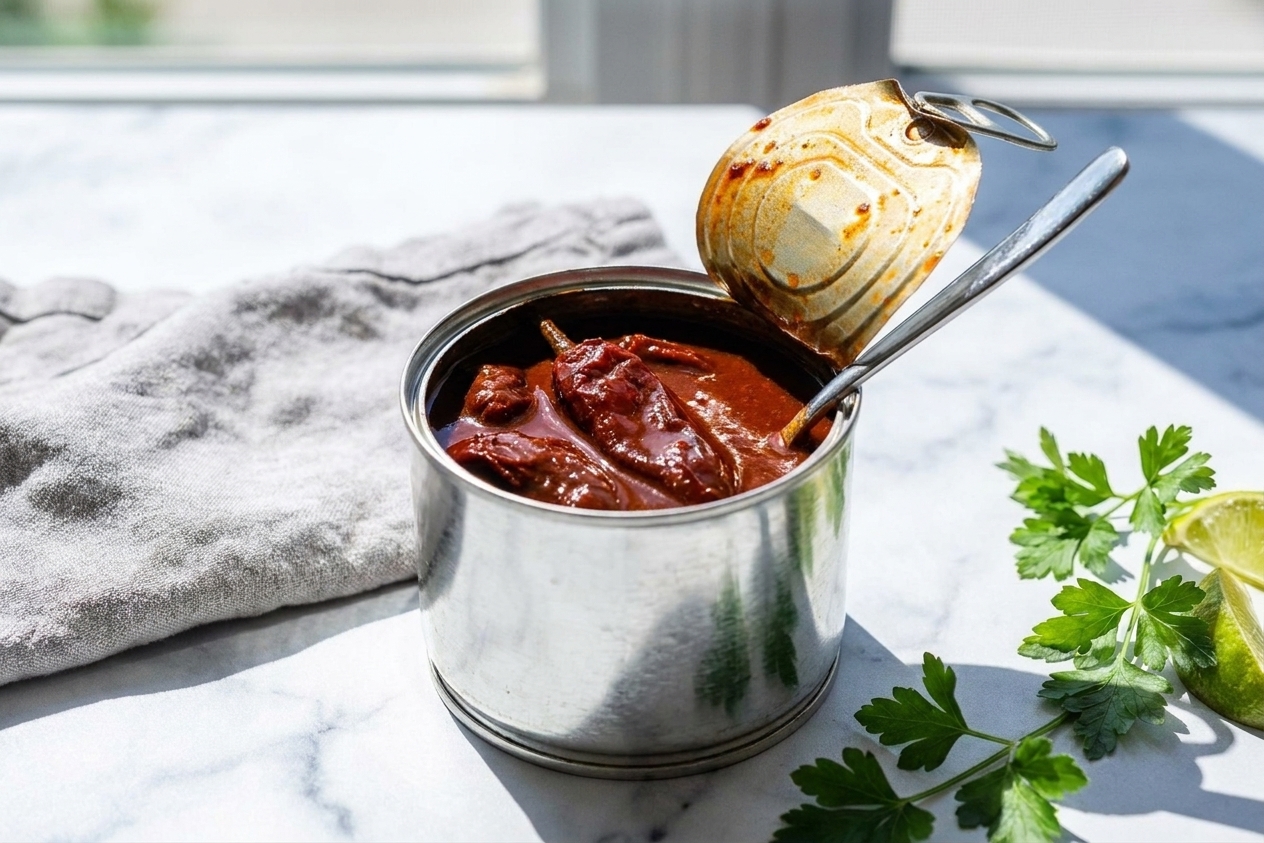 An opened can of chipotle peppers in adobo on a kitchen counter with a spoon resting on the lid and a few peppers visible in the sauce