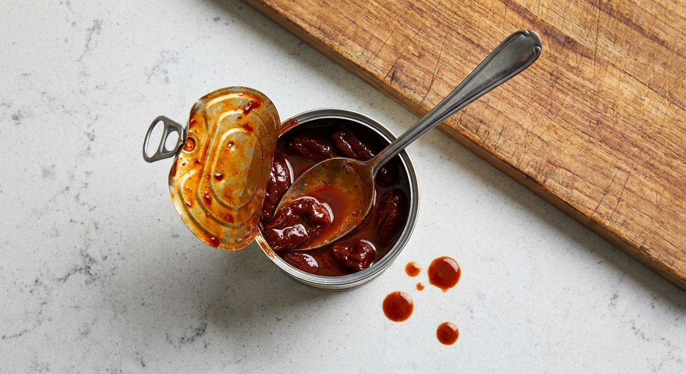 An opened can of chipotle peppers in adobo sauce with a spoon resting inside, on a kitchen counter next to a cutting board