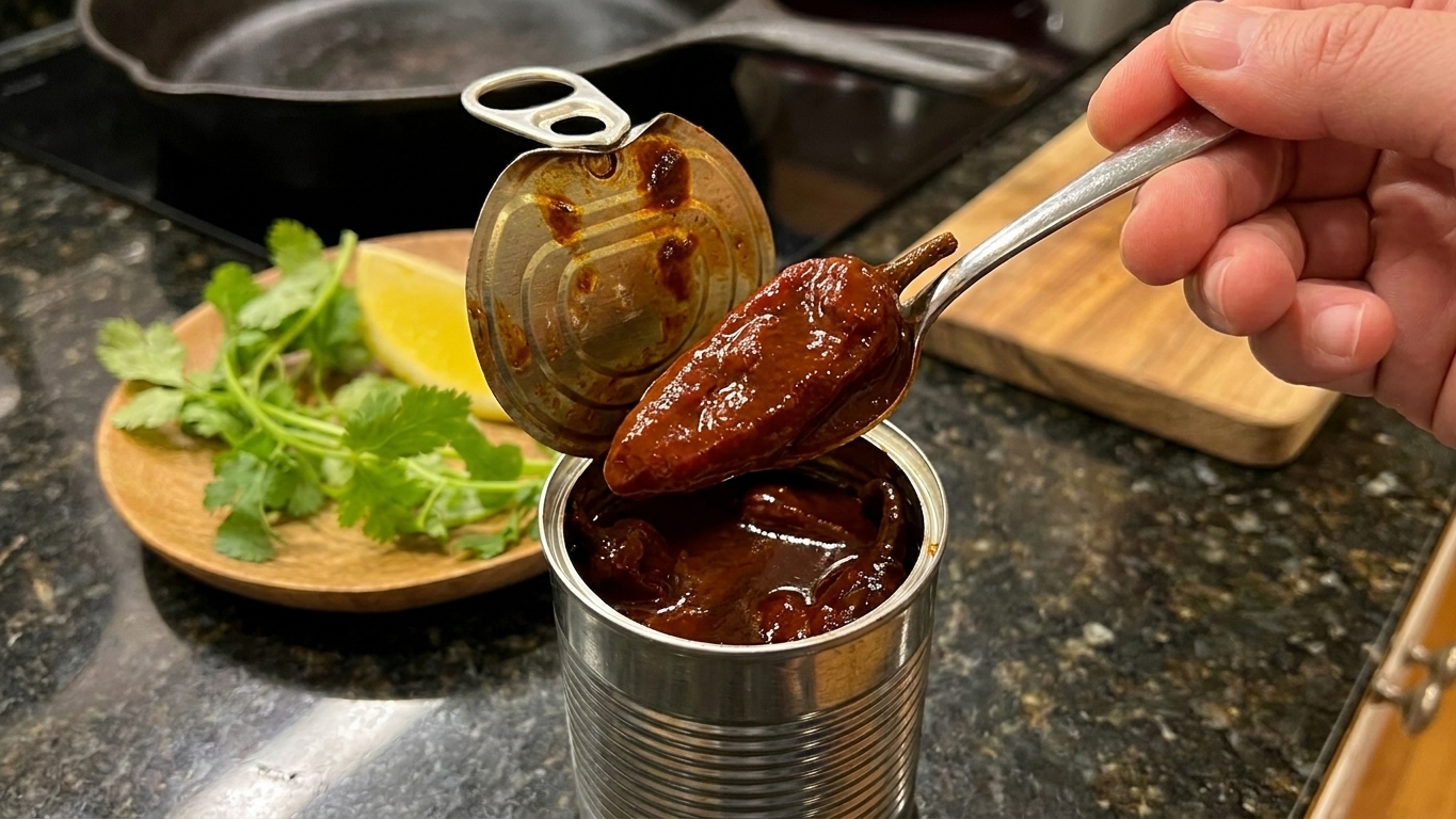 An opened can of chipotles in adobo with a spoon scooping out a smoky red pepper on a kitchen counter