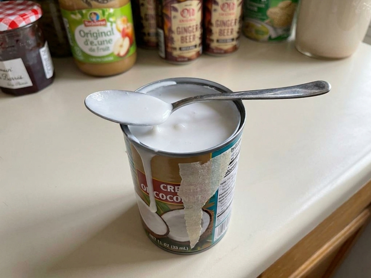 An opened can of cream of coconut on a kitchen counter with a spoon resting on the rim, thick coconut mixture visible