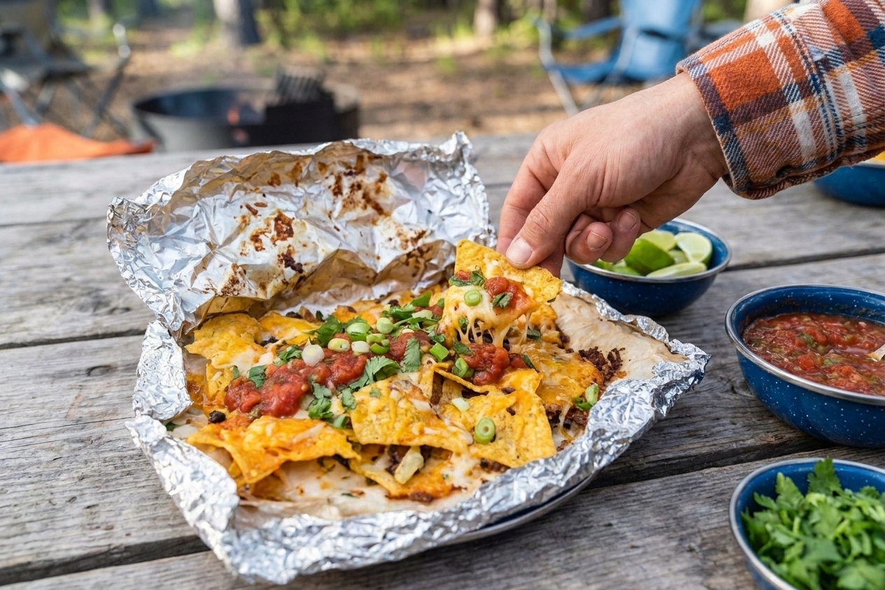 An opened foil packet of melted nachos topped with salsa, cilantro, and green onions on a picnic table
