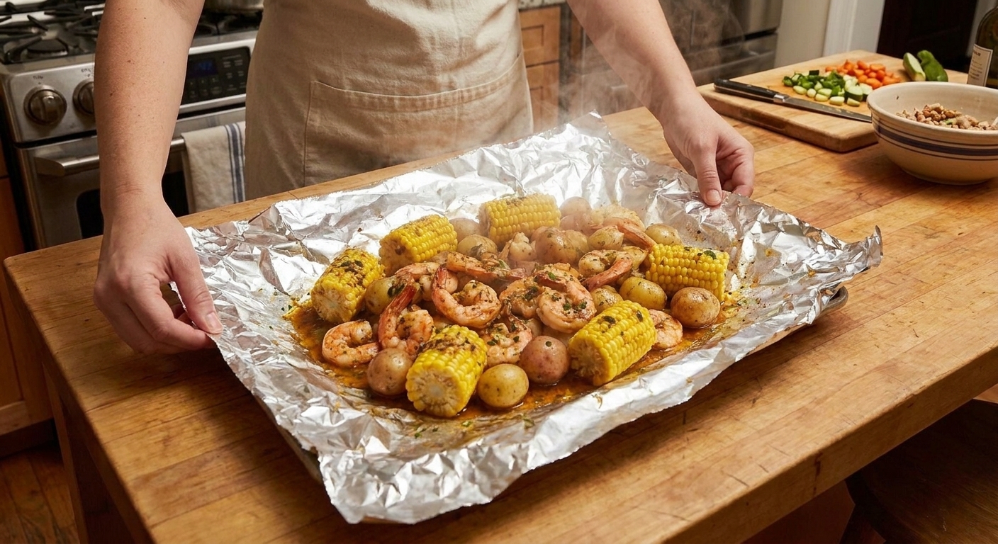 An opened foil packet showing cooked shrimp, corn rounds, and baby potatoes coated in buttery seasoning with steam rising