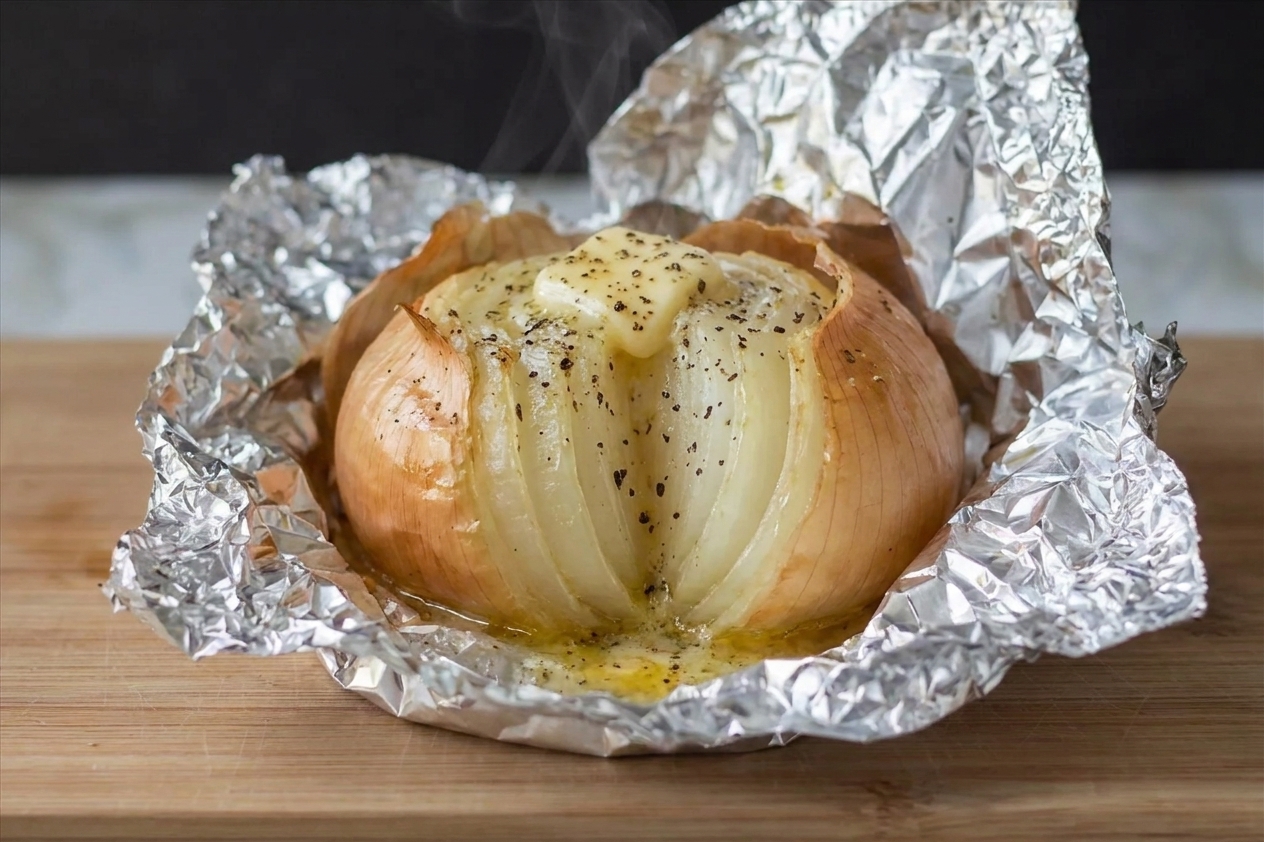 An opened foil packet with a tender onion inside, glistening with melted butter and seasoning