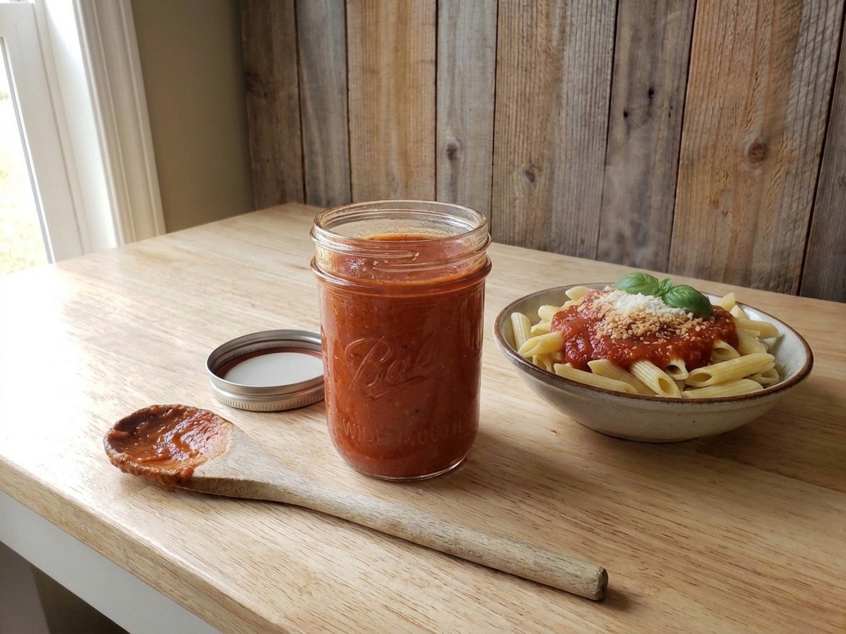 An opened mason jar of tomato sauce with a spoon resting beside it on a kitchen counter, with a small bowl of pasta nearby