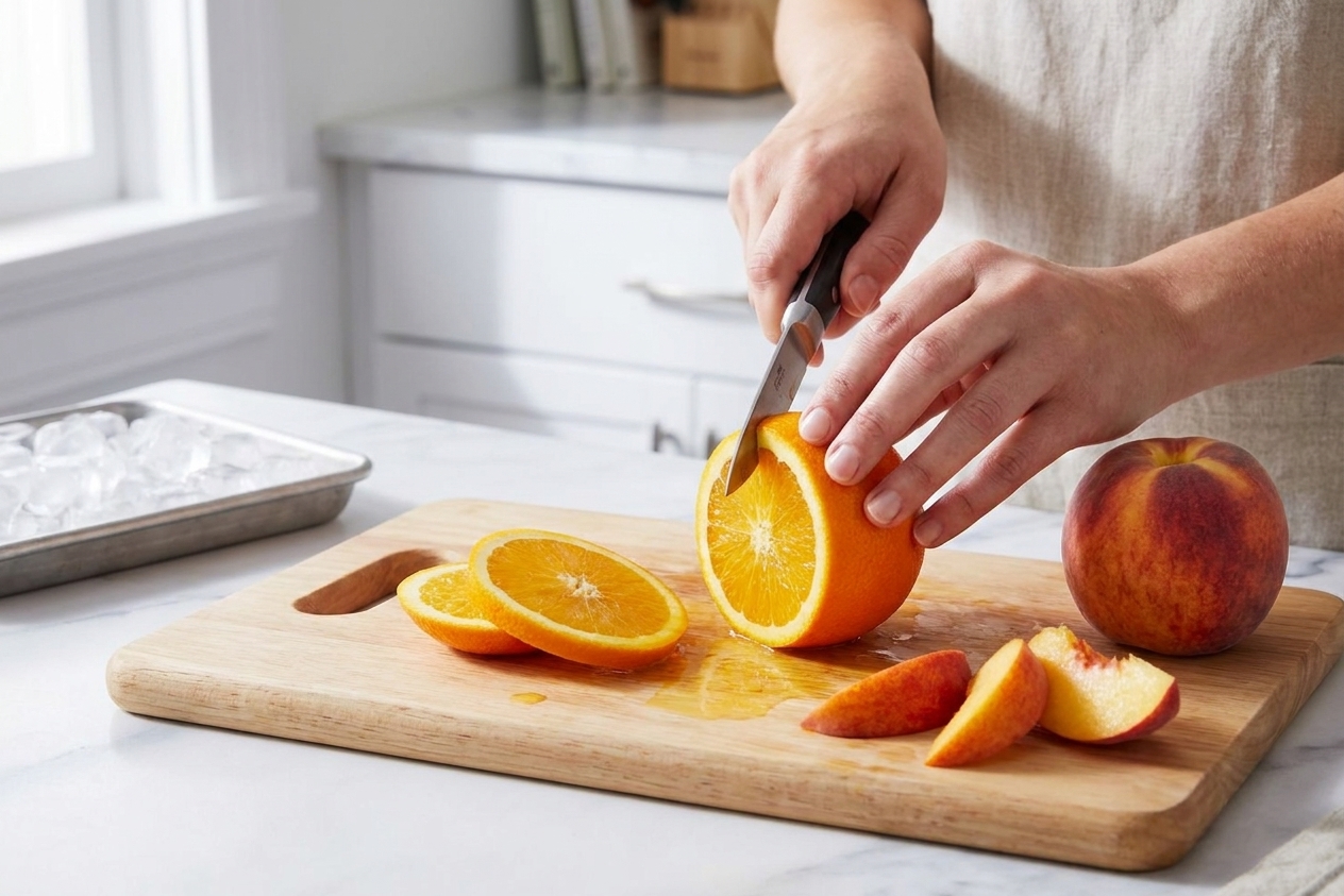 An orange and a peach being sliced on a wooden cutting board with a small paring knife on a clean kitchen counter