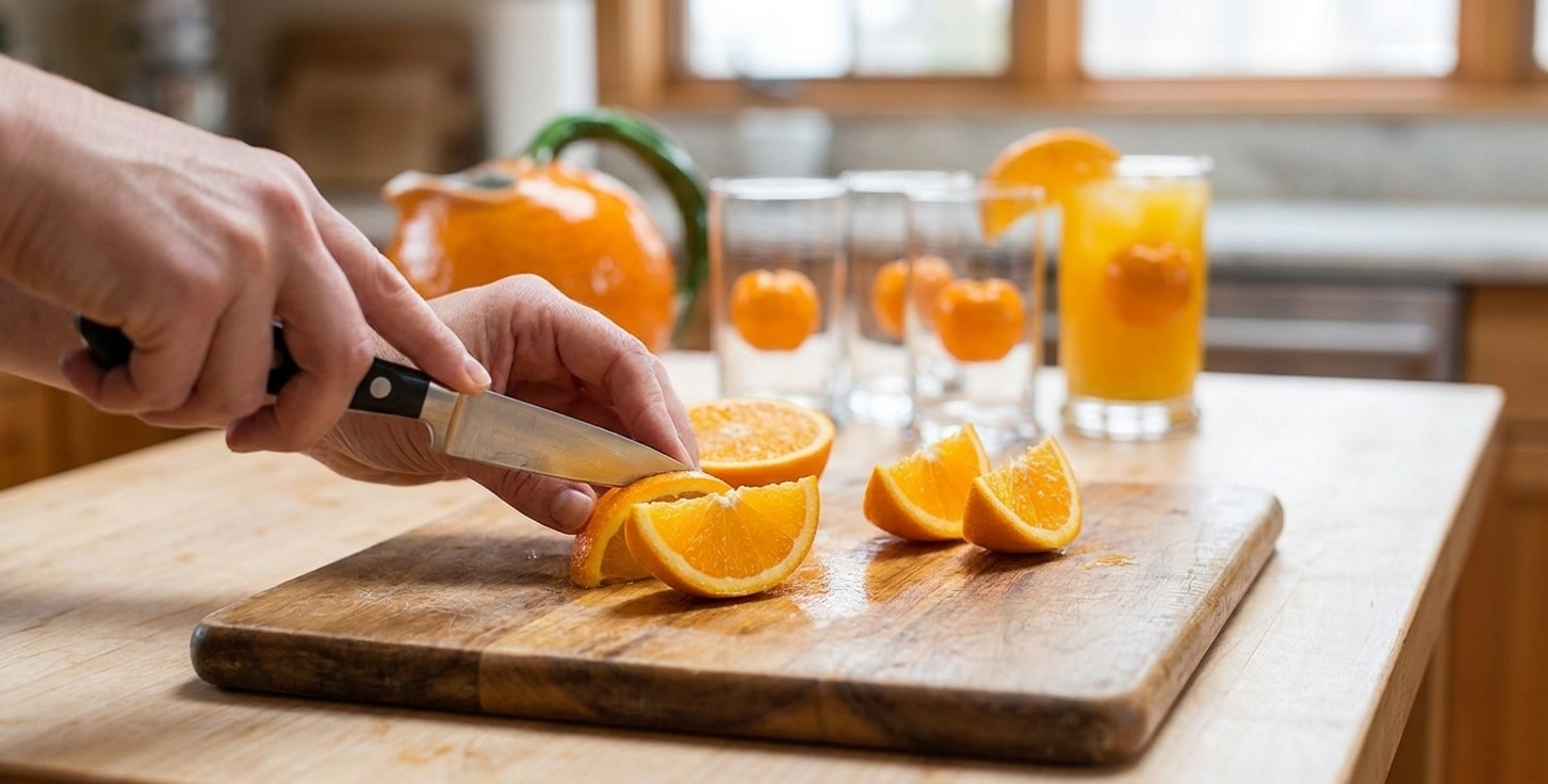 An orange being cut into wedges on a wooden cutting board with a small paring knife on a bright kitchen counter
