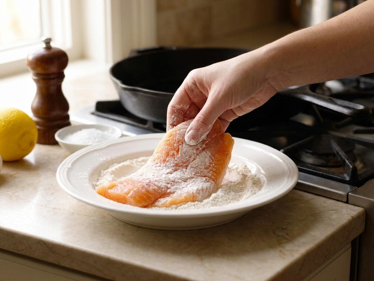 An orange roughy fillet being lightly dredged in flour on a shallow plate beside a skillet on the stove