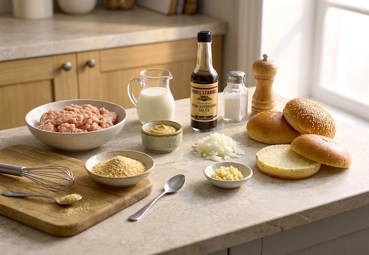 An organized lineup of ground chicken, breadcrumbs, milk, Dijon mustard, Worcestershire, grated onion, garlic, salt, pepper, and burger buns on a light stone kitchen counter with warm, consistent lighting