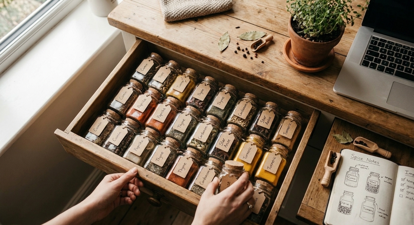 An organized spice drawer of small jars, a visual nod to collecting and sorting templates and trim materials