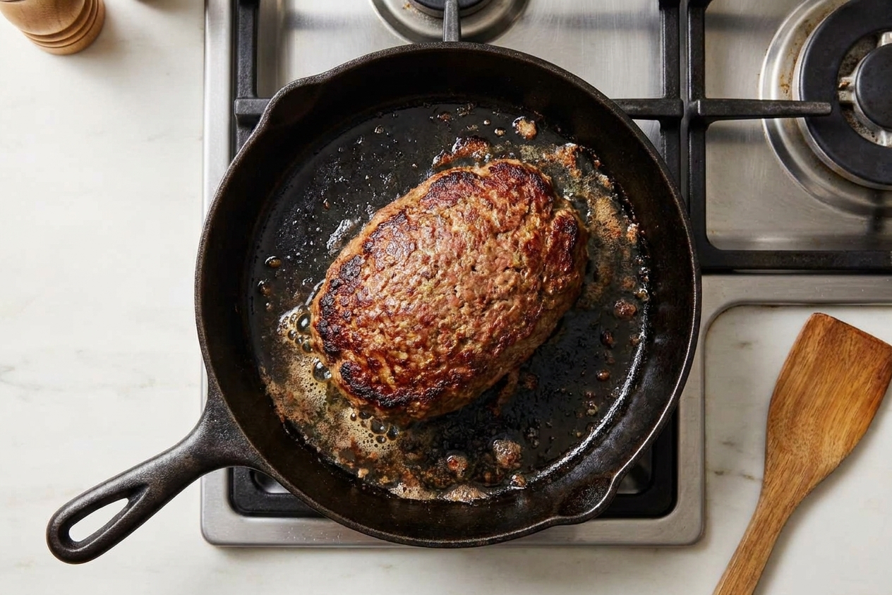 An oval-shaped meatloaf searing in a skillet with browned edges forming, viewed from above on a stovetop