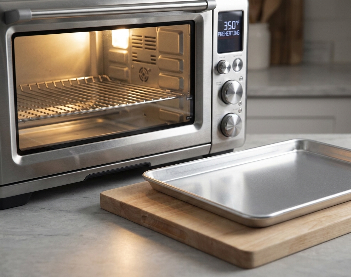 An oven preheating with a rack centered and a clean sheet pan ready on the counter