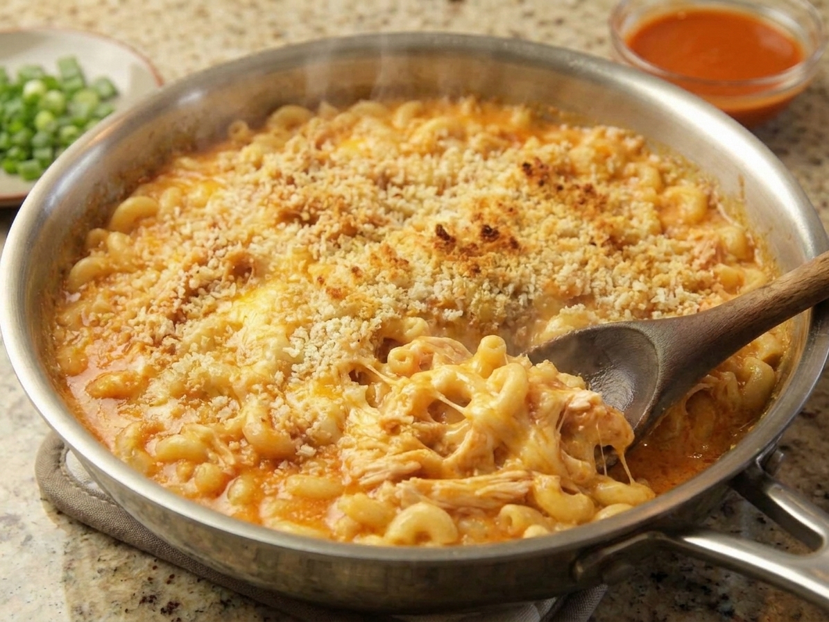An oven-safe skillet of Buffalo chicken mac and cheese with a golden breadcrumb topping just after baking