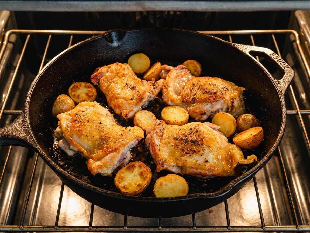 An oven-safe skillet on an oven rack with chicken thighs and halved potatoes roasting as the edges turn browned and crisp