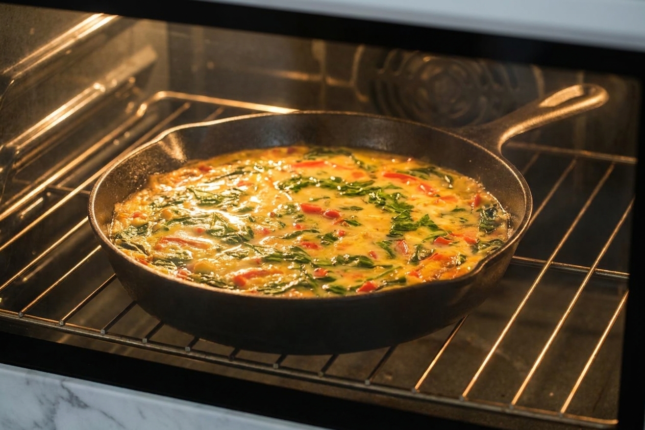 An oven-safe skillet with an uncooked frittata mixture baking on the middle rack of a home oven, warm light reflecting off the pan