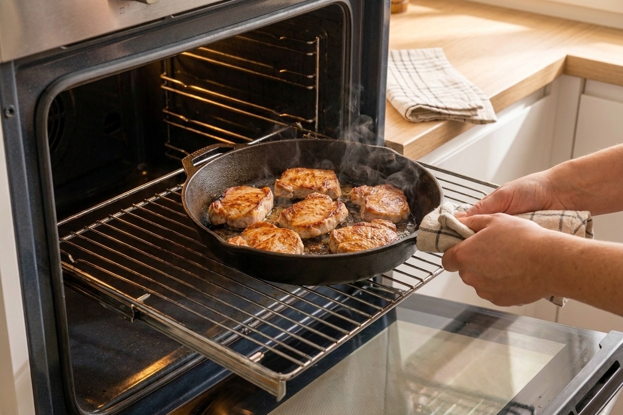 An oven-safe skillet with browned pork medallions being placed onto an oven rack in a home oven