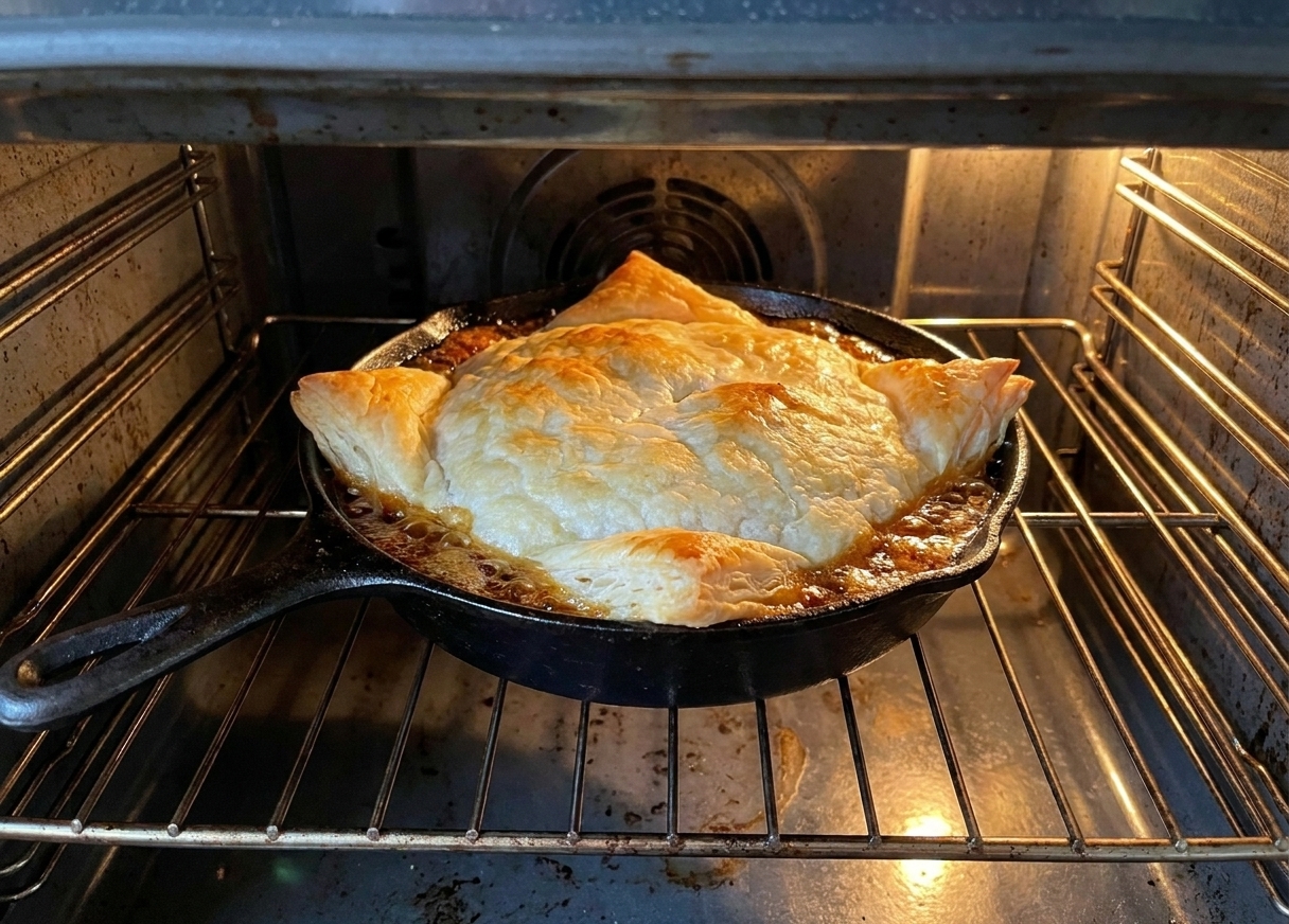An oven-safe skillet with puff pastry on top baking on the middle rack of a home oven, pastry rising and turning golden
