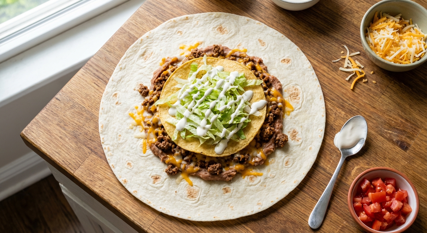 An overhead photo of an unwrapped Crunchwrap assembly with beans, seasoned meat, cheese, a tostada shell, lettuce, and crema layered on a tortilla