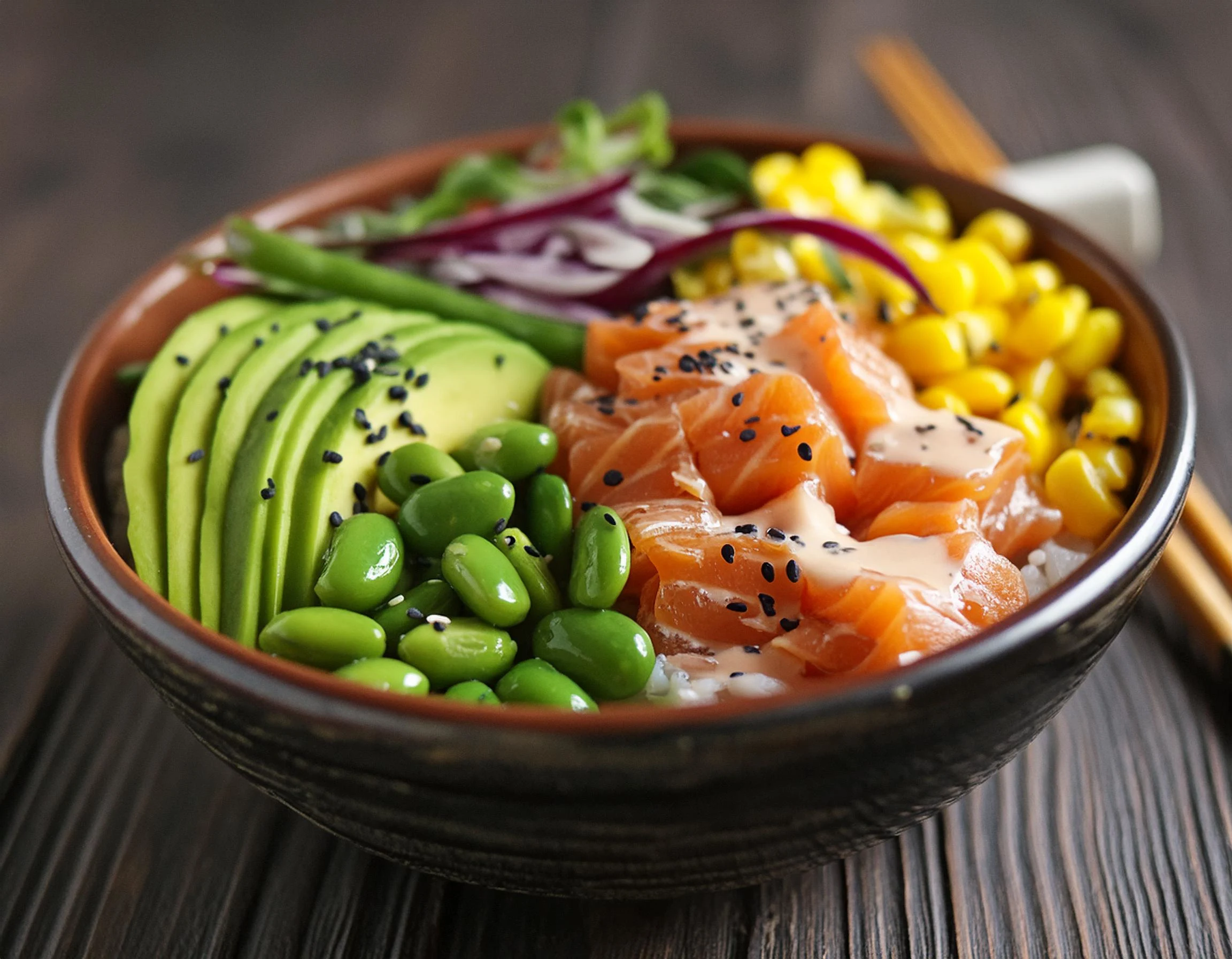 An overhead photograph of a salmon poke bowl with glossy marinated salmon cubes, sushi rice, sliced cucumber, shredded carrot, avocado, edamame, scallions, sesame seeds, and a drizzle of spicy mayo on a neutral stoneware bowl