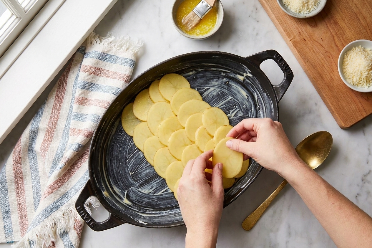 An overhead view of a buttered baking dish being filled with even layers of thinly sliced potatoes
