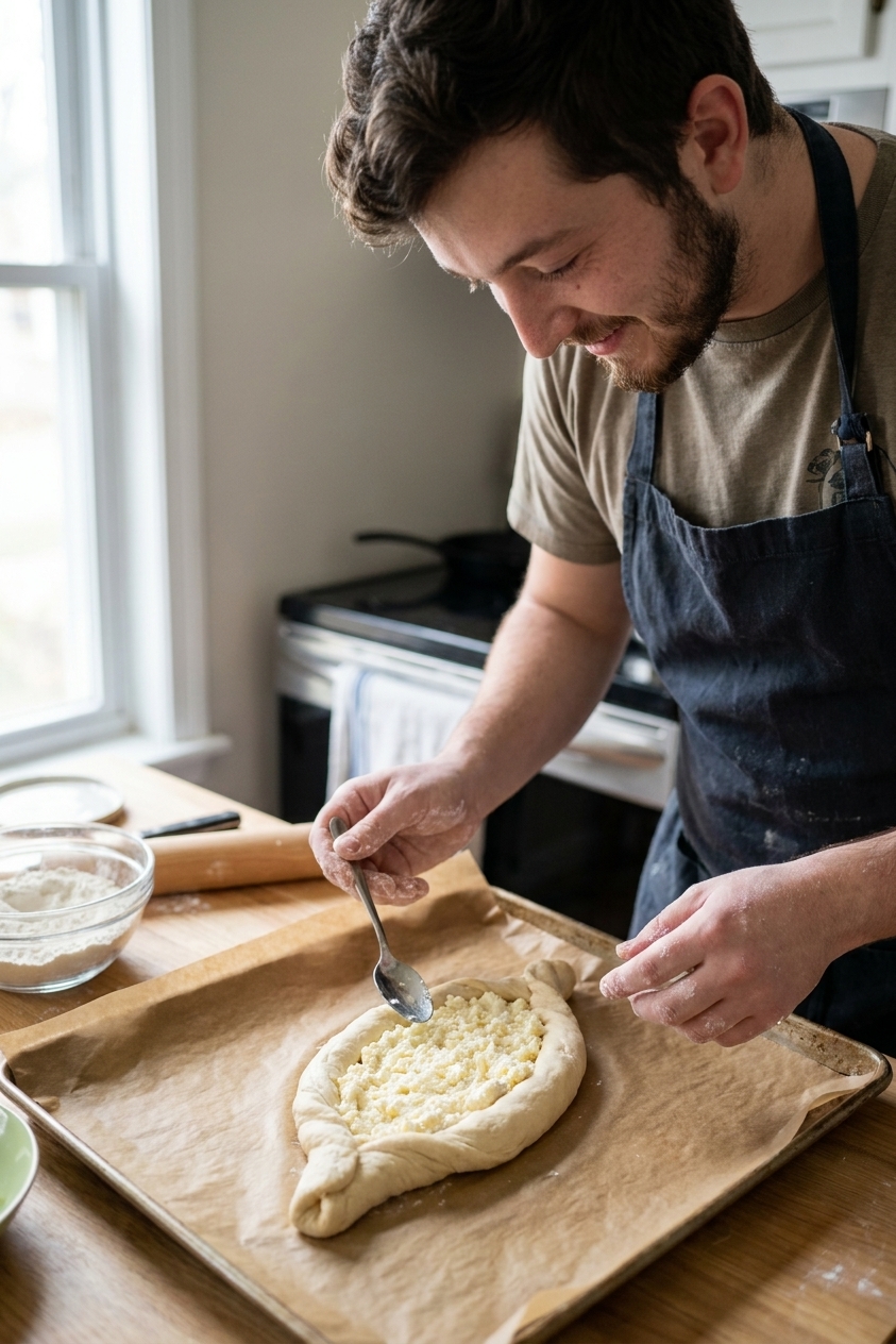 An unbaked Adjarian khachapuri shaped like a dough boat on a parchment-lined baking sheet, with the cheese filling spread inside and the edges twisted to form raised sides