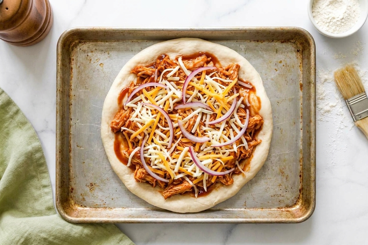 An unbaked BBQ chicken pizza on a sheet pan topped with shredded cheese, sauced chicken, and sliced red onion