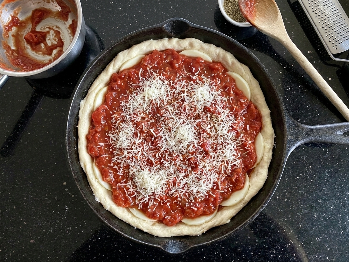 An unbaked Chicago deep-dish pizza in a cast iron skillet topped with chunky tomato sauce and grated Parmesan