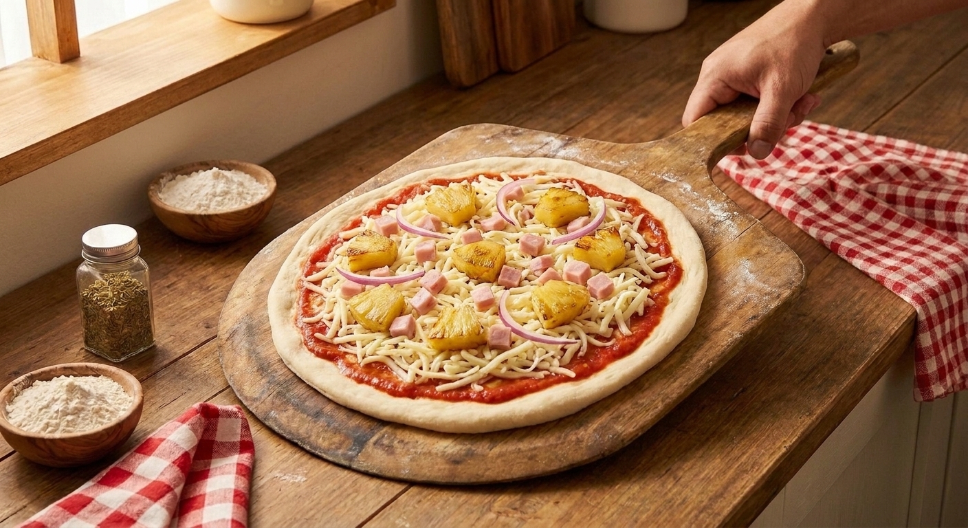 An unbaked Hawaiian pizza on a peel topped with tomato sauce, shredded mozzarella, diced ham, browned pineapple chunks, and a few slices of red onion