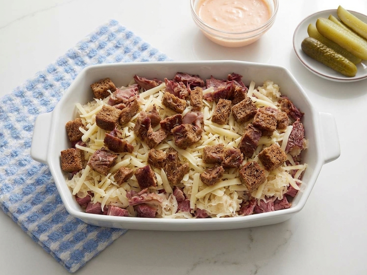 An unbaked Reuben casserole in a 9x13 baking dish with layers of corned beef, sauerkraut, shredded Swiss, and buttered rye bread cubes on top