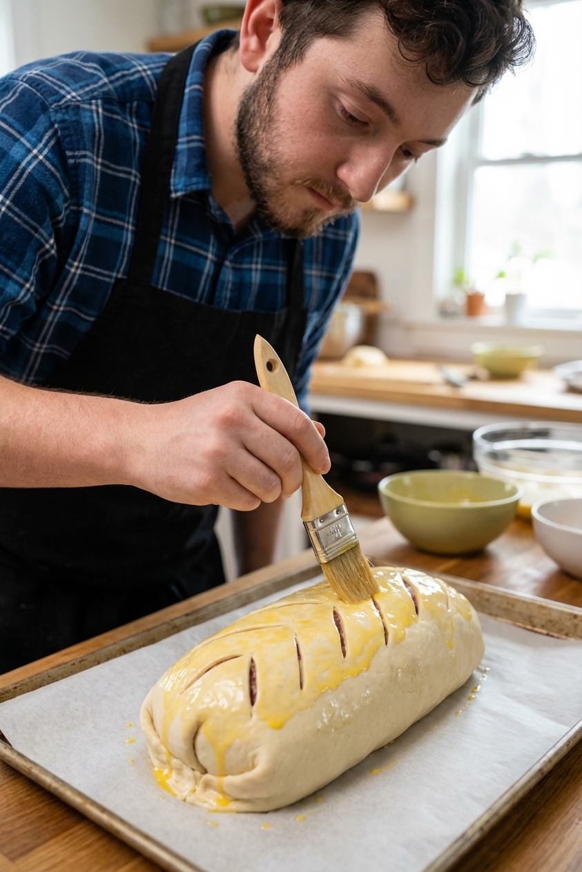 An unbaked beef Wellington wrapped in puff pastry on a parchment-lined sheet pan while a pastry brush applies egg wash, close-up kitchen scene, photorealistic food photography