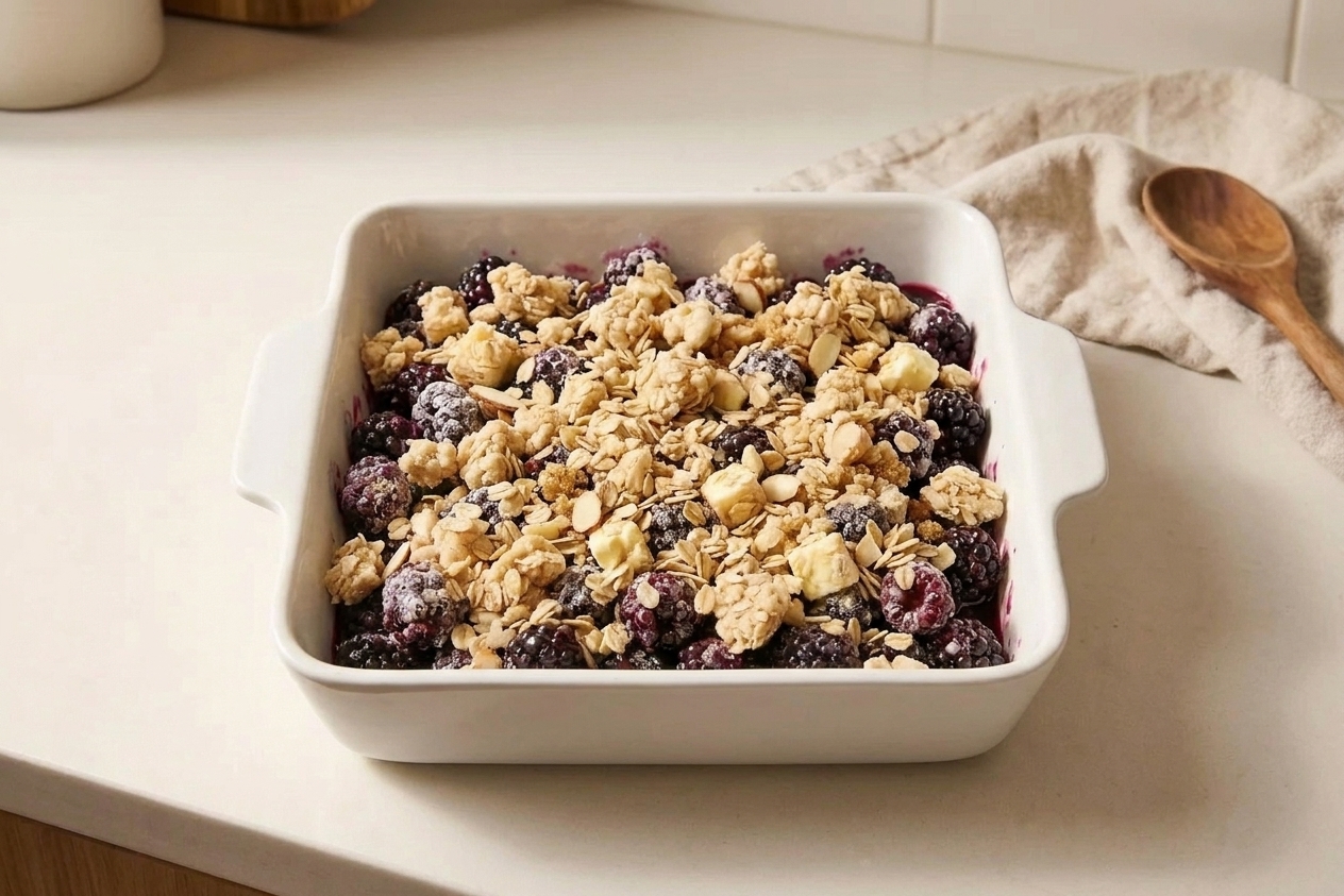 An unbaked blackberry crisp in a square baking dish with oat topping scattered over the berries