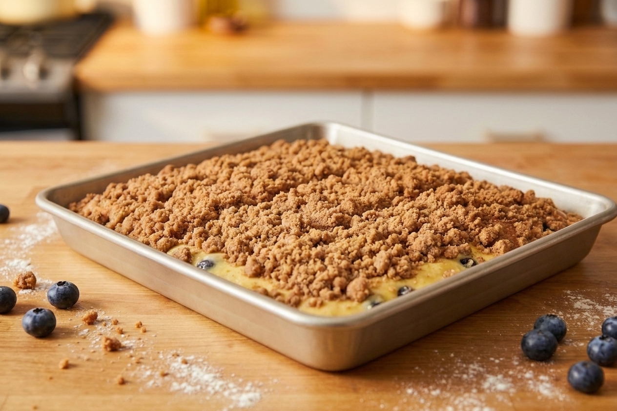 An unbaked blueberry coffee cake in a square pan topped evenly with cinnamon streusel on a kitchen counter