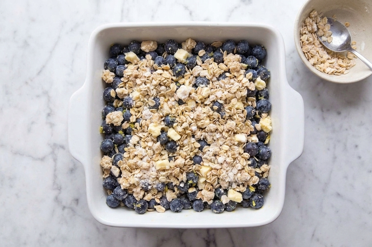 An unbaked blueberry crumble in a square baking dish with oat topping scattered evenly over the berries