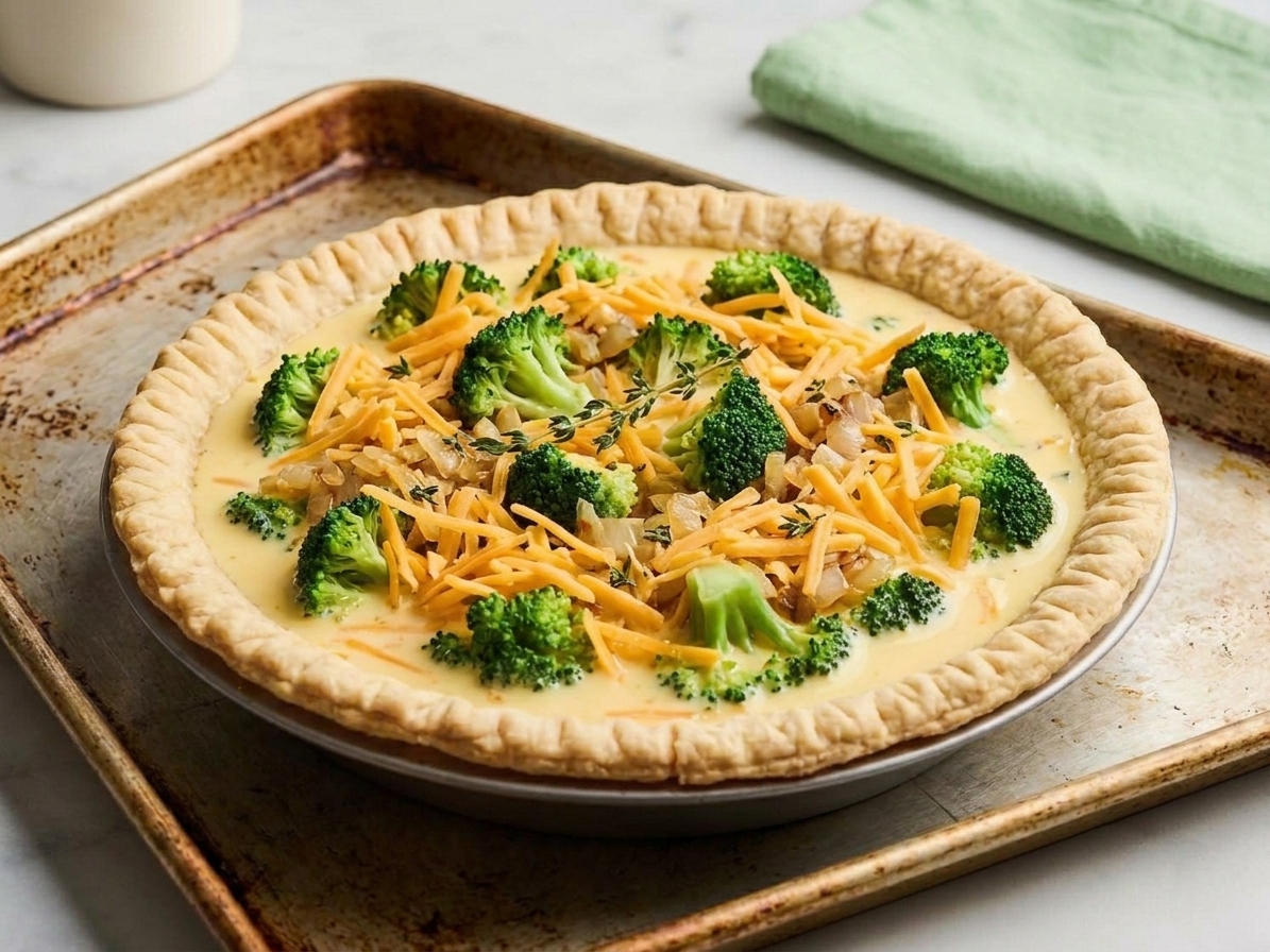 An unbaked broccoli cheddar quiche in a pie dish with broccoli and shredded cheese layered in the crust