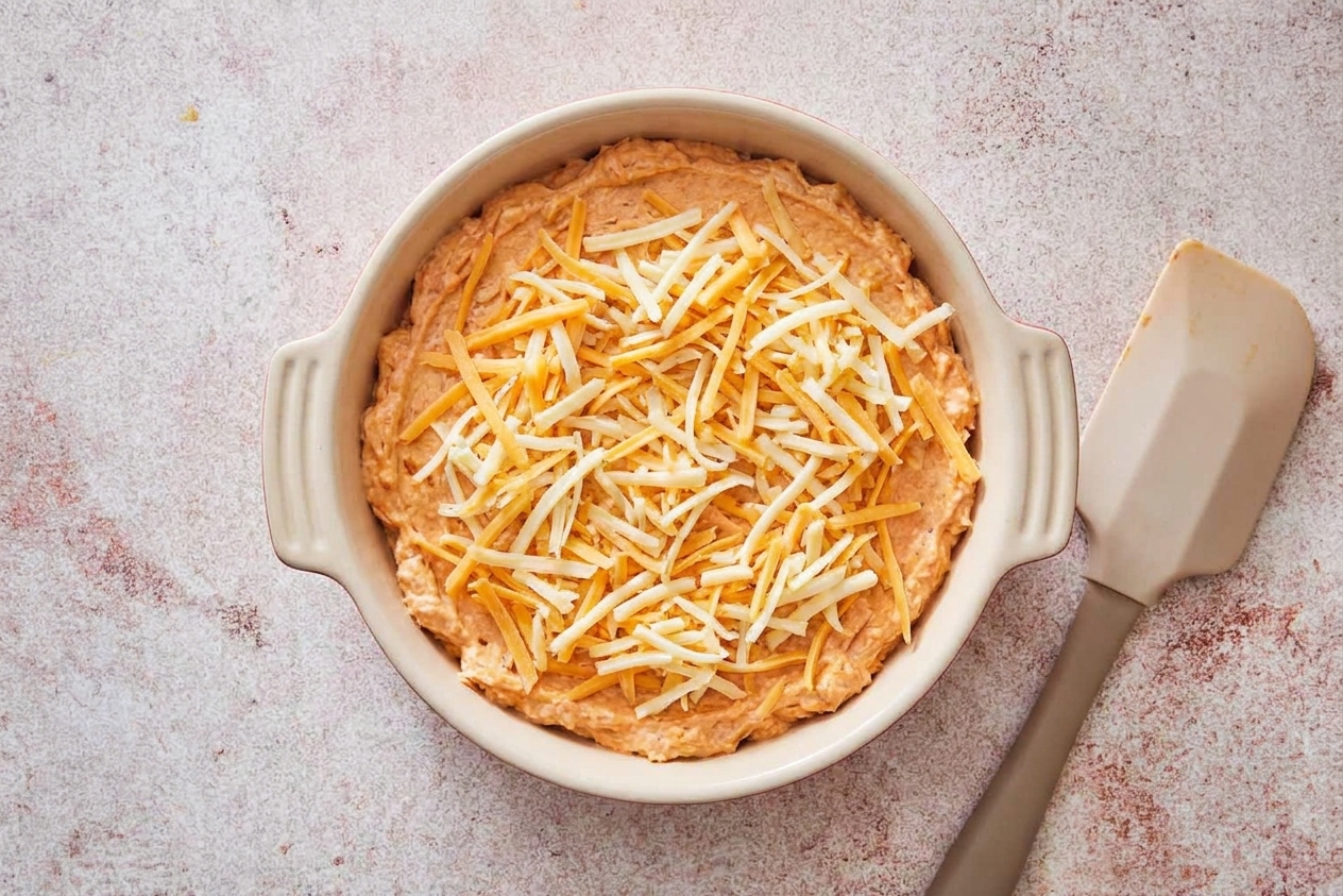An unbaked buffalo chicken dip mixture smoothed into a small ceramic baking dish and topped with an even layer of shredded cheese on a kitchen counter