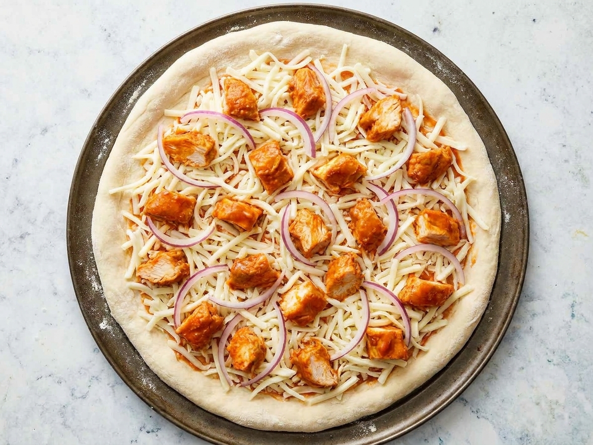 An unbaked buffalo chicken pizza on a round pizza pan topped with shredded cheese, buffalo chicken, and sliced red onion