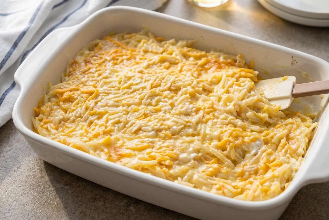 An unbaked cheesy hash brown mixture spread evenly in a greased 9x13-inch baking dish on a kitchen counter