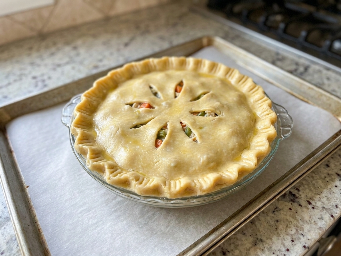 An unbaked chicken pot pie in a glass pie dish with top crust crimped and steam vents cut, sitting on a parchment-lined baking sheet
