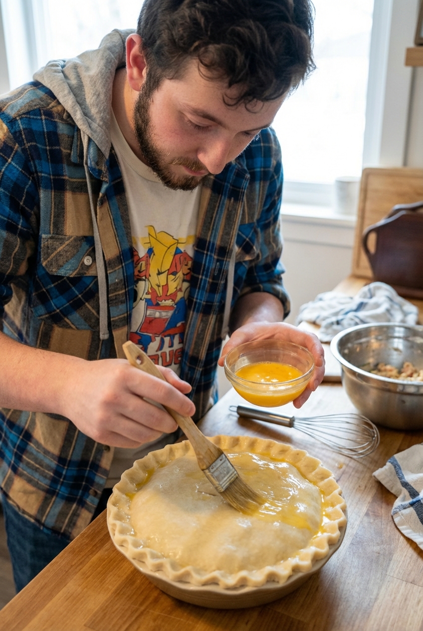 An unbaked chicken pot pie with crimped edges and egg wash being brushed onto the top crust