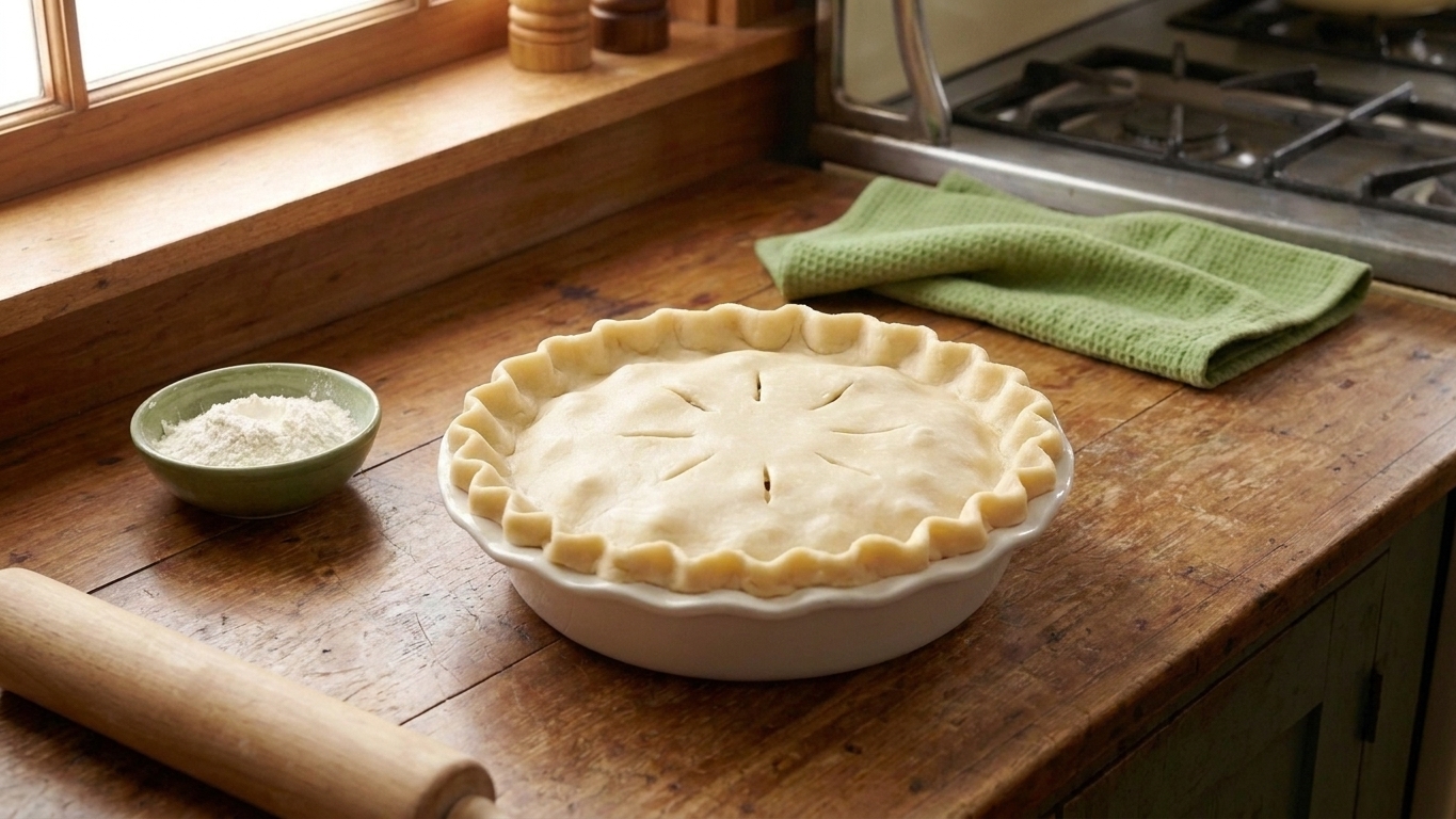 An unbaked chicken pot pie with the top crust crimped and vent slits cut, sitting on a kitchen counter