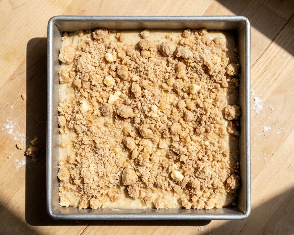 An unbaked coffee cake in a square pan with cinnamon streusel sprinkled evenly across the surface, on a warm-lit counter