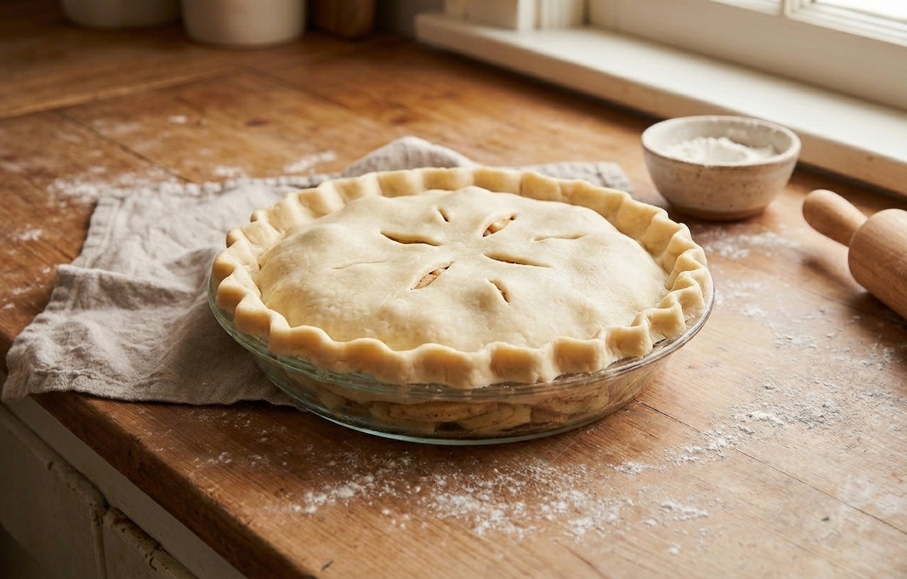 An unbaked double-crust apple pie in a glass pie dish on a counter, crimped edges and vent slits visible