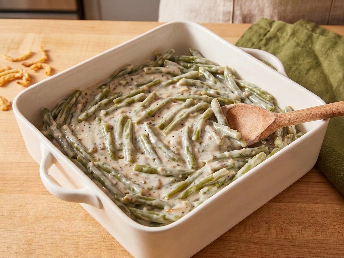 An unbaked green bean casserole mixture spread evenly in a square white ceramic baking dish on a wooden counter