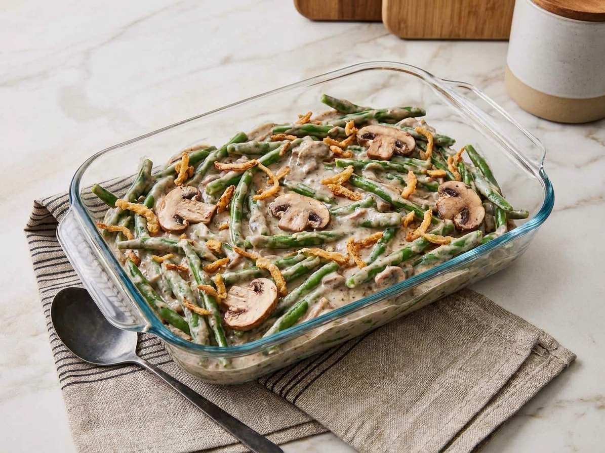 An unbaked green bean casserole mixture spread in a glass baking dish on a kitchen counter before going into the oven