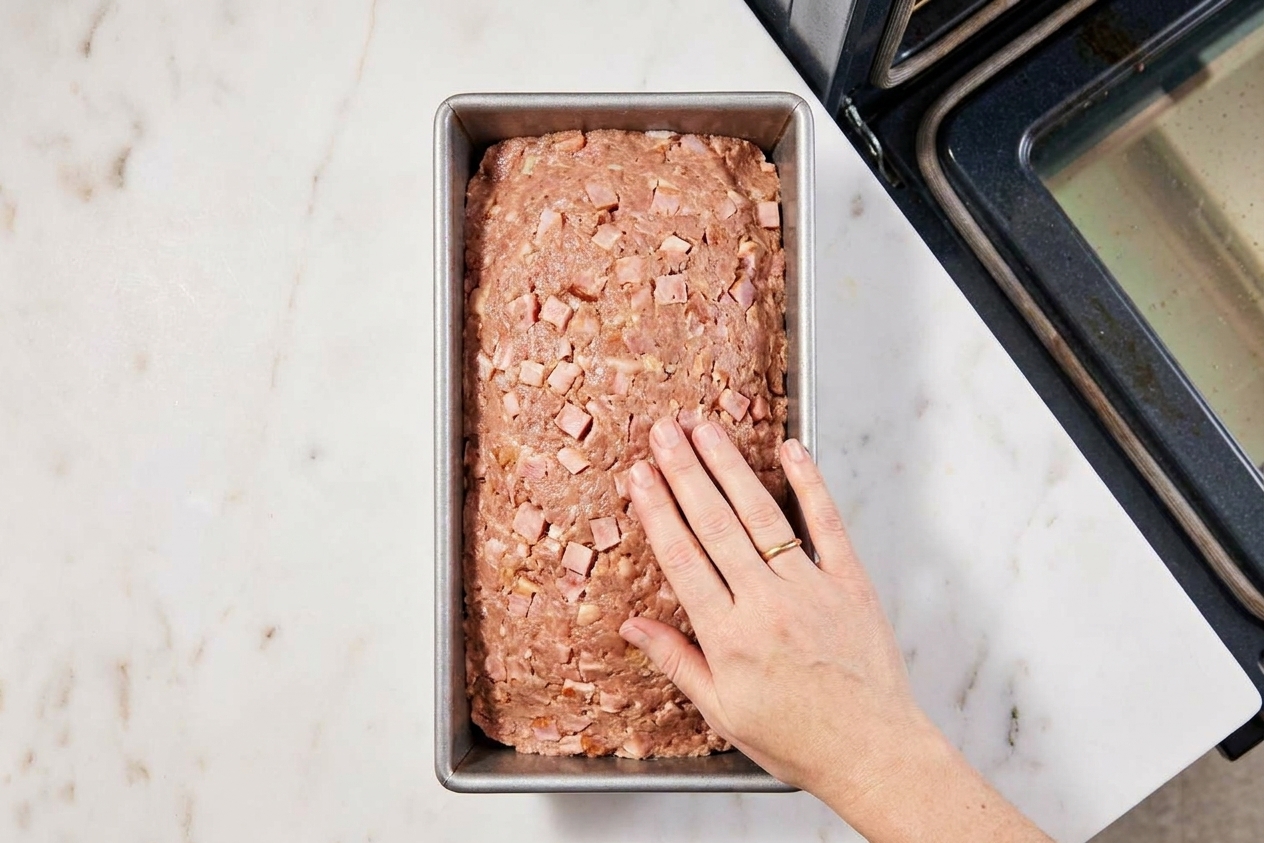 An unbaked ham loaf mixture pressed into a loaf pan on a clean kitchen counter, ready to go into the oven