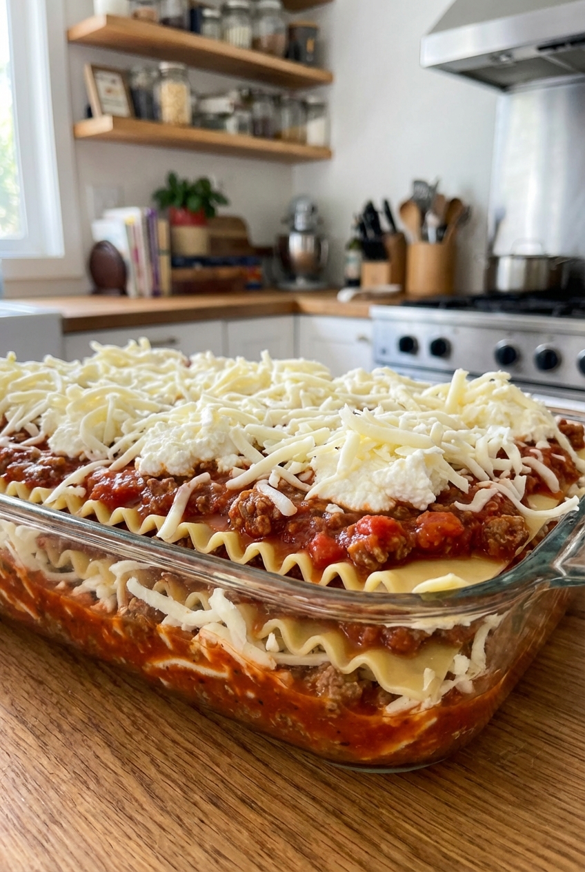 An unbaked lasagna in a glass baking dish showing layers of sauce, noodles, and cheese