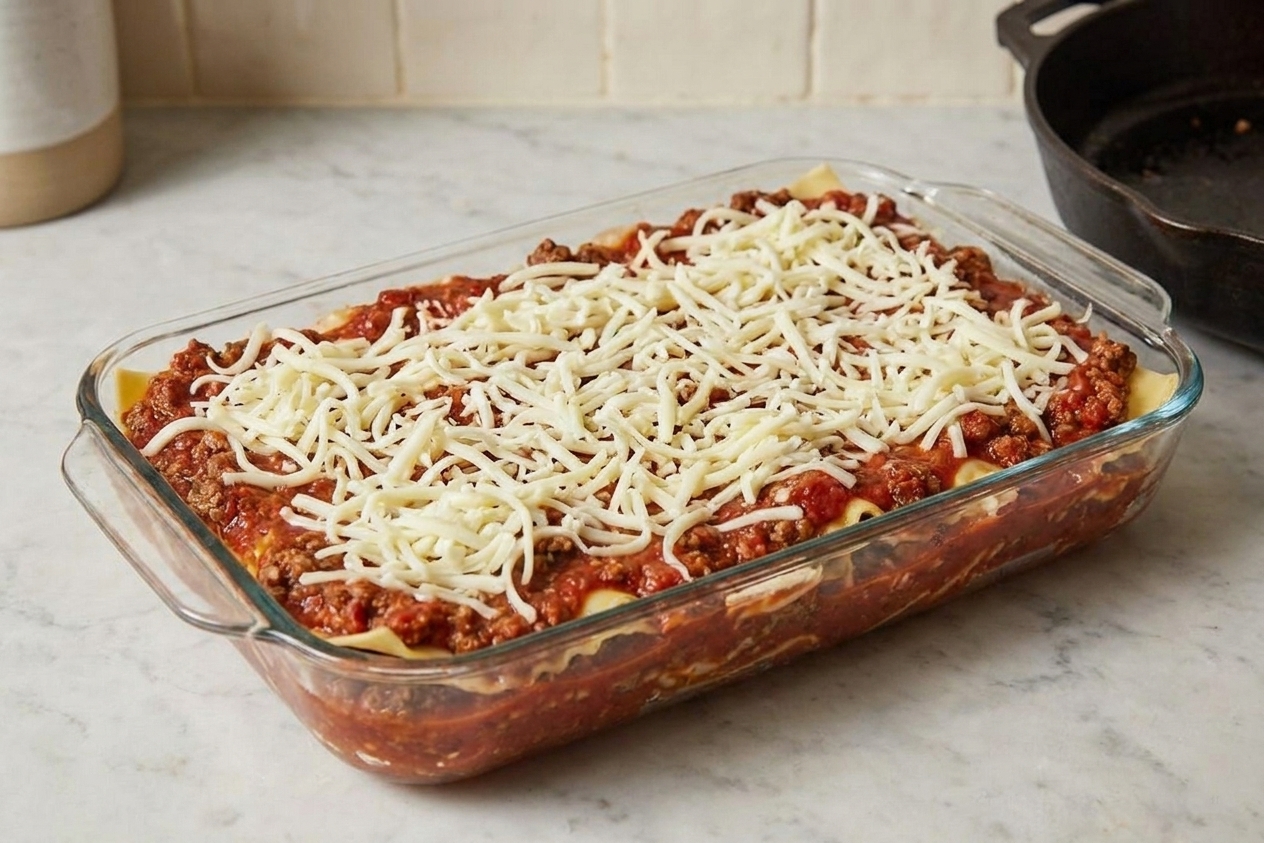 An unbaked lasagna in a glass baking dish with sauce and shredded mozzarella evenly spread on top